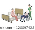 A picture of a caregiver in a wheelchair coming to pick up an elderly man who is trying out a care bed 128897428