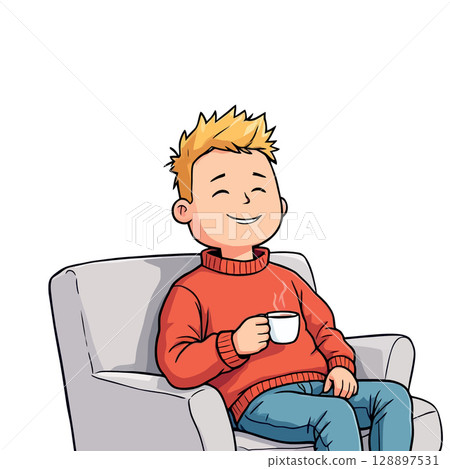 Vsai smiling blond man relaxing on armchair drinking hot beverage Vsai smiling blond man relaxing on armchair drinking hot beverage 128897531