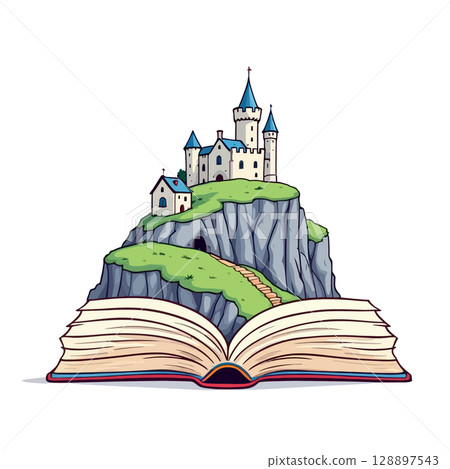 Vsai open book revealing fairytale castle standing on a cliff 128897543