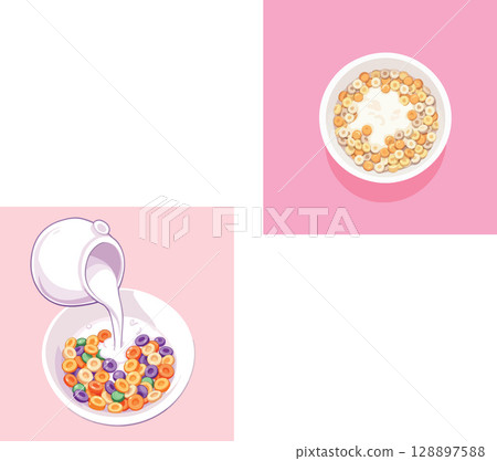 Vsai milk pouring into bowl of colorful fruit cereal hoops on pink background 128897588