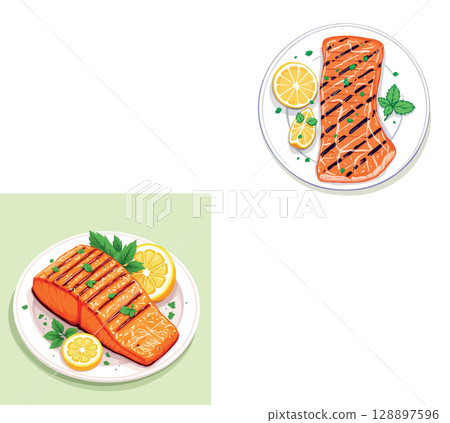 Vsai grilled salmon with lemon and herbs on white plate 128897596