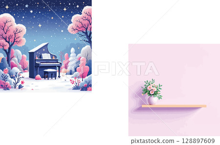 Vsai grand piano sitting in snowy winter wonderland under starry night sky 128897609