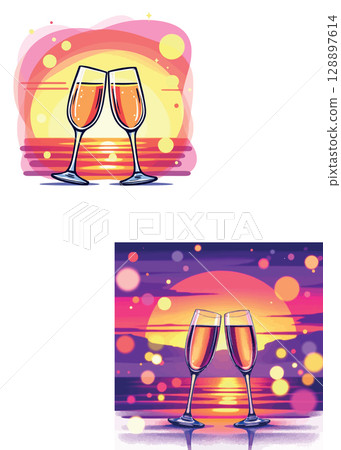 Vsai two champagne glasses celebrating against a beautiful sunset backdrop 128897614