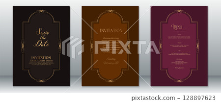 Luxury Wedding Invitation Set with Ornate Gold Frame on Dark, Brown, and Burgundy Backgrounds 128897623