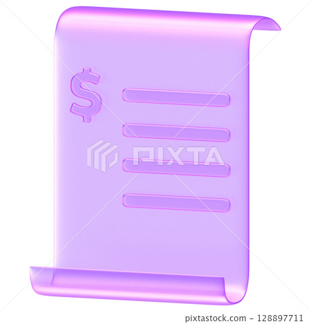 3D receipt or bill icon in glass style purple tone, symbolizing transaction, payment, invoice, or financial record 128897711