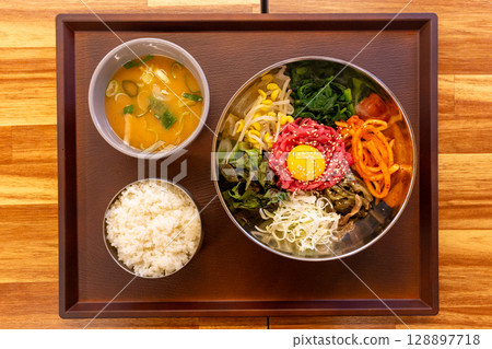 Korean traditional food. Beef Tartare Bibimbap Korean traditional food. Beef Tartare Bibimbap 128897718