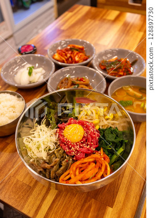 Korean traditional food. Beef Tartare Bibimbap 128897730