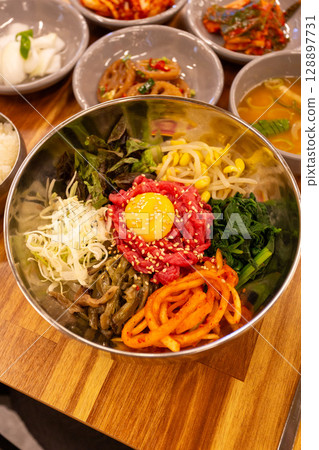Korean traditional food. Beef Tartare Bibimbap Korean traditional food. Beef Tartare Bibimbap 128897731