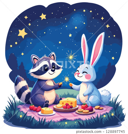 Vsai raccoon and rabbit enjoying a picnic under the stars 128897745