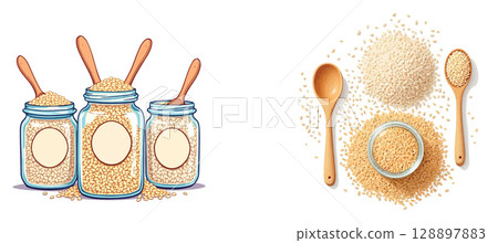 Vsai sesame seeds in wooden spoons and glass jars preserving freshness Vsai sesame seeds in wooden spoons and glass jars preserving freshness 128897883