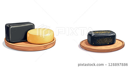 Vsai natural handmade soap bars resting on wooden coasters 128897886
