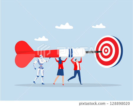 Teamwork project goal or target,business people with dart running to target or purpose.mission or direction, ambition to success vector 128898020