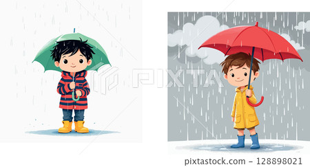 Vsai two happy children holding umbrellas in the rain 128898021