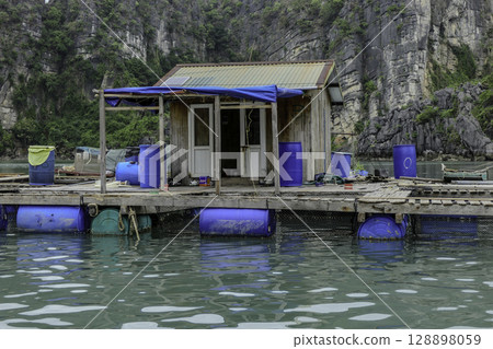 Vietnam, Floating houses, Vung Vieng fishing village, Ha Long Bay, Bai Tu Long area. Vietnam, Floating houses, Vung Vieng fishing village, Ha Long Bay, Bai Tu Long area. 128898059