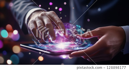 Businessman using futuristic interface on tablet computer in dark background Businessman using futuristic interface on tablet computer in dark background 128898177