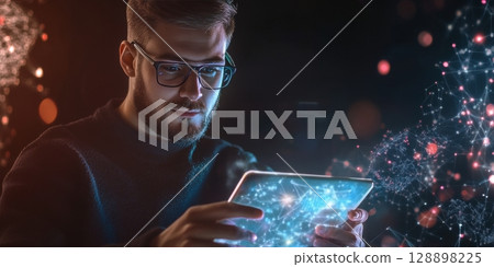 Businessman using futuristic interface on digital tablet in dark room Businessman using futuristic interface on digital tablet in dark room 128898225