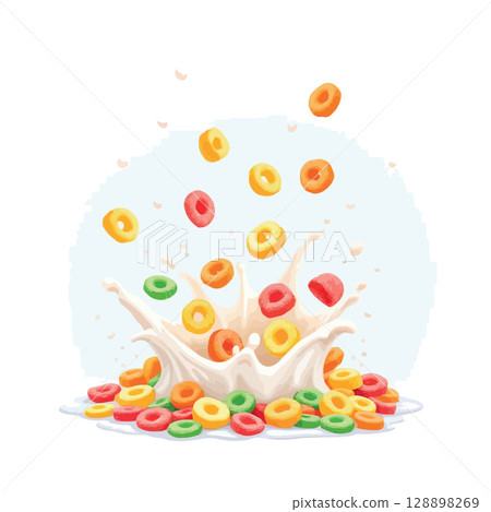 Vsai colorful cereal rings splashing into milk 128898269