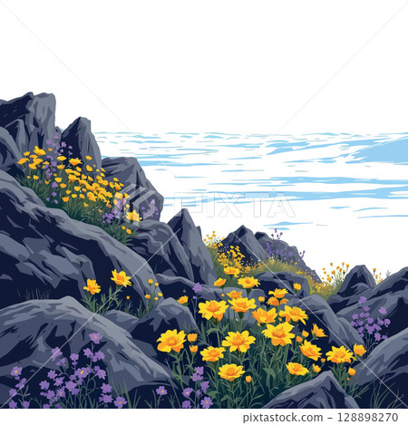Vsai yellow flowers growing on rocks overlooking tranquil ocean 128898270
