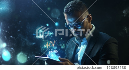 Businessman using futuristic interface on tablet for stock market analysis Businessman using futuristic interface on tablet for stock market analysis 128898288