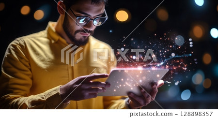 Businessman using digital tablet with futuristic interface at night 128898357