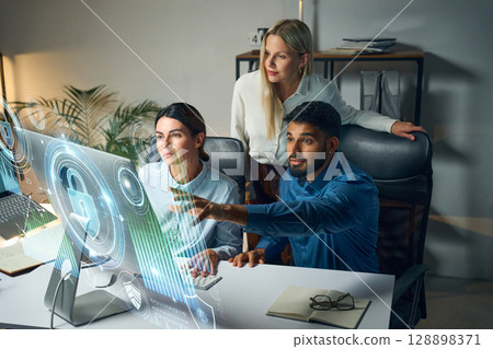 Team Collaborating Over Innovative Digital Interface for Cybersecurity and Technology Solutions Development Team Collaborating Over Innovative Digital Interface for Cybersecurity and Technology Solutions Development 128898371