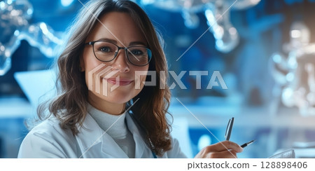 Confident medical professional analyzing patient data in high tech healthcare facility 128898406