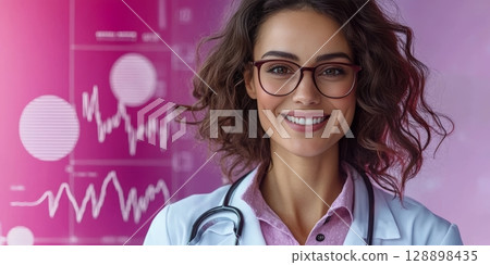 Smiling doctor wearing glasses and stethoscope with charts and graphs in background 128898435