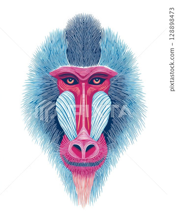 Colorful illustration of a baboon's face showcasing intricate details and vibrant hues in a contemporary style 128898473
