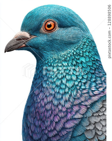 Colorful close-up of a blue pigeon showcasing intricate feather details in a natural light setting 128898506