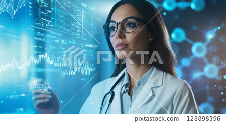 Medical doctor analyzing futuristic charts and graphs in modern laboratory 128898596