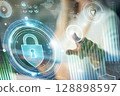 Digital Fingerprint Unlocking Cybersecurity Data with Virtual Padlock Interface Overlay 128898597