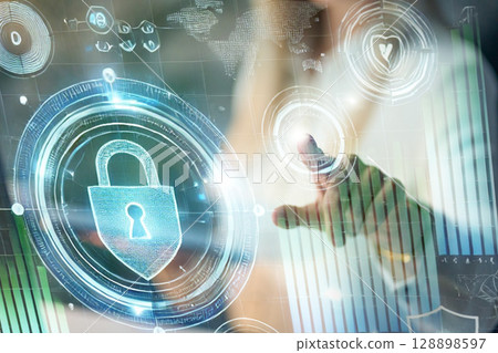 Digital Fingerprint Unlocking Cybersecurity Data with Virtual Padlock Interface Overlay Digital Fingerprint Unlocking Cybersecurity Data with Virtual Padlock Interface Overlay 128898597
