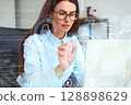 Professional Woman Utilizing Virtual Technology For Cybersecurity And Data Protection In Office 128898629