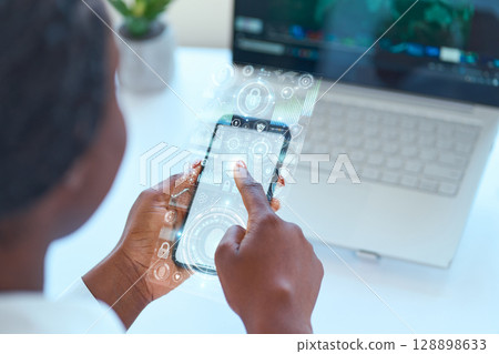 Modern Technology Illustration Featuring Holographic Smartphone Display and Laptop Interaction Modern Technology Illustration Featuring Holographic Smartphone Display and Laptop Interaction 128898633