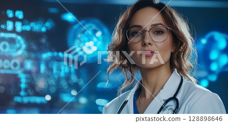 Confident doctor posing in high tech medical facility with futuristic charts displayed on screens 128898646