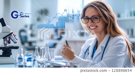 Doctor smiling and analyzing medical charts and graphs in laboratory 128898654
