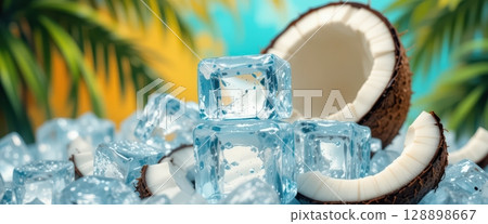 Tropical Paradise Coconut and Ice with Palm Tree Backdrop 128898667
