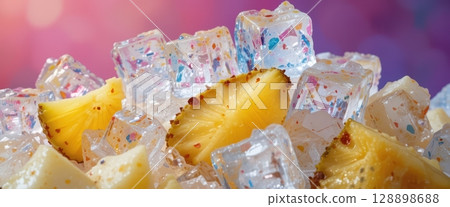 Refreshing Pineapple Chunks and Colorful Ice Cubes Summer Delight 128898688