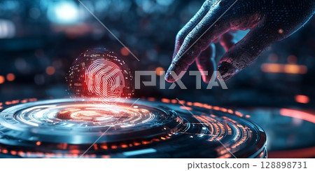 Software developer using digital fingerprint scanner for data exchange and cloud computing Software developer using digital fingerprint scanner for data exchange and cloud computing 128898731