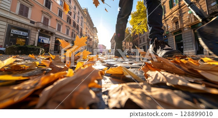Man walking on cobblestone street covered with autumn leaves in rome 128899010