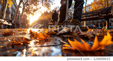 Street cleaner sweeping autumn leaves at sunrise in a city 128899015