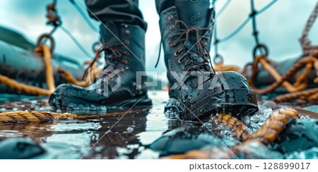 Fisherman walking on wet deck with waterproof boots Fisherman walking on wet deck with waterproof boots 128899017