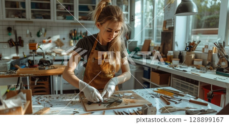 Artisan creating stuffed animal in workshop, sewing fish toy Artisan creating stuffed animal in workshop, sewing fish toy 128899167