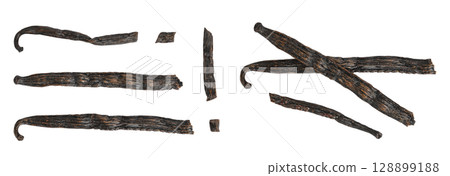 Dried vanilla stick isolated on white background. Top view. Flat lay. 128899188