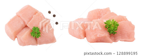 Raw diced chicken fillet isolated on white background. Top view. Flat lay Raw diced chicken fillet isolated on white background. Top view. Flat lay 128899195