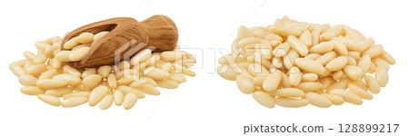 Shelled European pine nuts in wooden scoop isolated on white background with full depth of field Shelled European pine nuts in wooden scoop isolated on white background with full depth of field 128899217