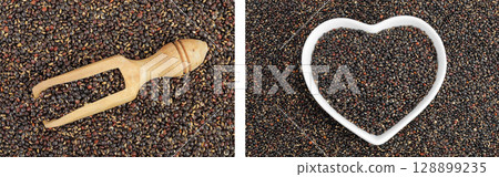 black quinoa in wooden scoop and bowl as a background. Top view. Flat lay black quinoa in wooden scoop and bowl as a background. Top view. Flat lay 128899235