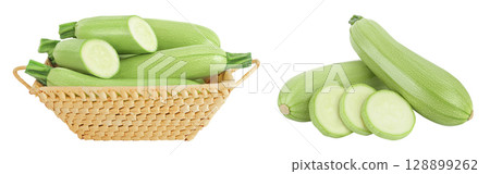 zucchini or marrow in a wicker basket isolated on white background with full depth of field 128899262