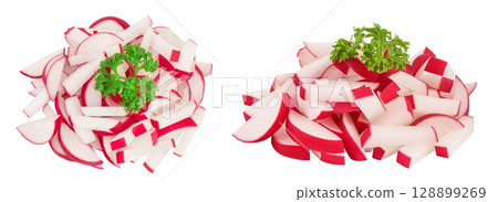 Radish slices isolated on white background. Top view. Flat lay Radish slices isolated on white background. Top view. Flat lay 128899269