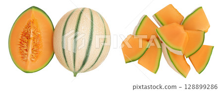 Cantaloupe melon isolated on white background with full depth of field. Top view. Flat lay 128899286